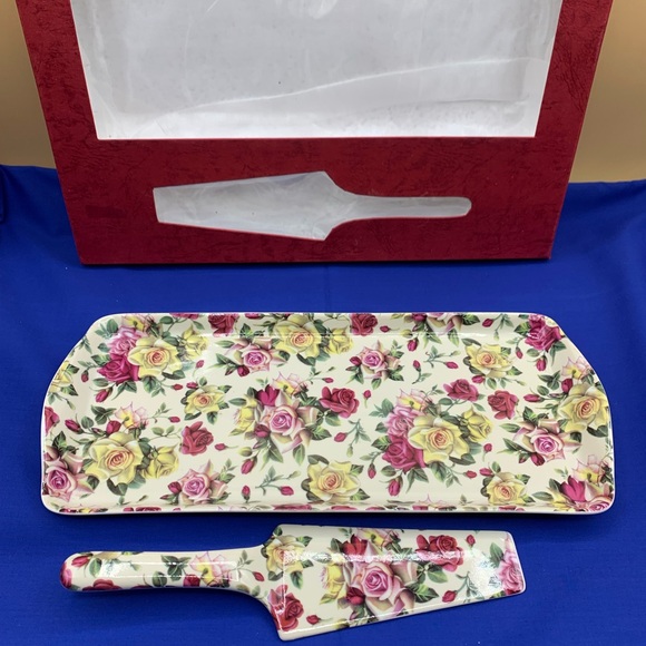 Porcelain Rectangle Cake Plate And Spatula Roses Pattern - Picture 6 of 6